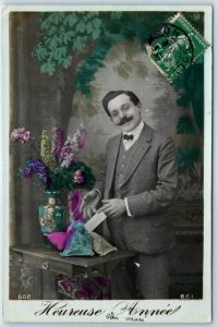 1910s French Happy New Year Young Man Mustache RPPC Hand Colored Real Photo A136