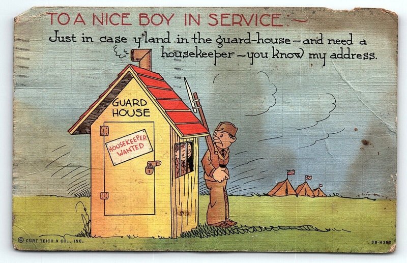 1945 WWII COMICAL U.S. ARMY SOLDIER IN THE GUARD-HOUSE LINEN POSTCARD 46-82