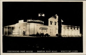 Westport CT Greyhound Post House at Night Real Photo Postcard