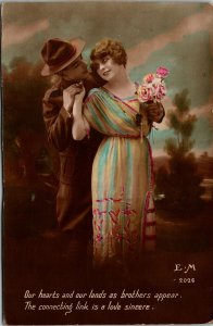 Postcard Romantic Couple Doughboy & Pretty Woman in Beautiful Dress ~1918 M58