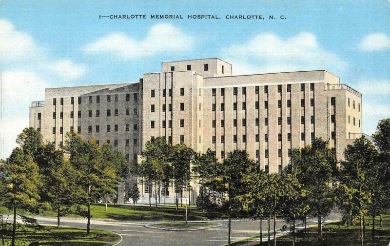 CHARLOTTE, North Carolina NC    CHARLOTTE MEMORIAL HOSPITAL   ca1940's Postcard