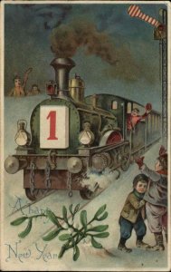 New Year Little Boys Greeting Railroad Train c1910 Vintage Postcard