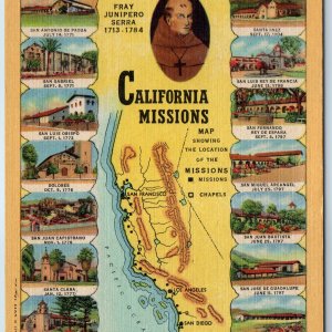 1940 California Missions Map Multi-View Spanish Catholic Church Linen Teich A215