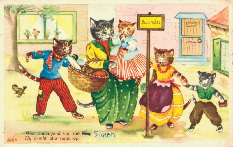 Cats Dressed As Humans Kittens Bus Stop Vintage Postcard  06.38