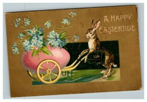 Vintage 1910 Winsch Back Easter Postcard Gold Face Cute Bunny Giant Egg in Wagon