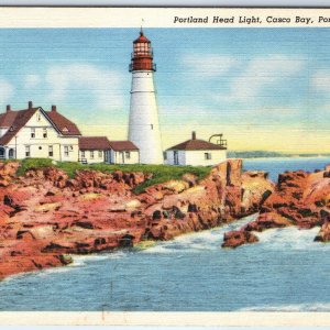 1934 Portland, Maine Casco Bay Lighthouse Linen PC Head Light Atlantic ME A286