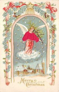 CHRISTMAS HOLIDAY ANGEL CHURCH EMBOSSED SILK NOVELTY POSTCARD 1908