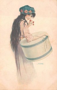 BEAUTIFUL WOMAN CHERRIES GLAMOUR ARTIST SIGNED LEO FONTAN POSTCARD (c.1910)