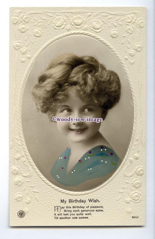 ch0319 - Young Girl Portrait, Embossed, Birthday Wishes, No.9053 - postcard