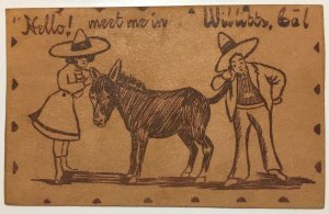 Willits, California Sombreros Burro Donkey Art c1900s Vintage Leather Postcard