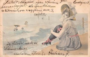 BEAUTIFUL WOMAN AT BEACH HUNGARY STAMP ARTIST SIGNED AUER POSTCARD 1905