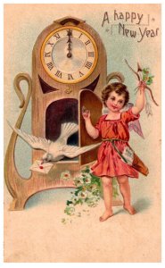 New Year Victorian girl,  Dove flying out of clock