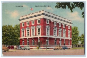 c1940's Post Office Building Classic Cars US Flag Harrison Arkansas AK Postcard