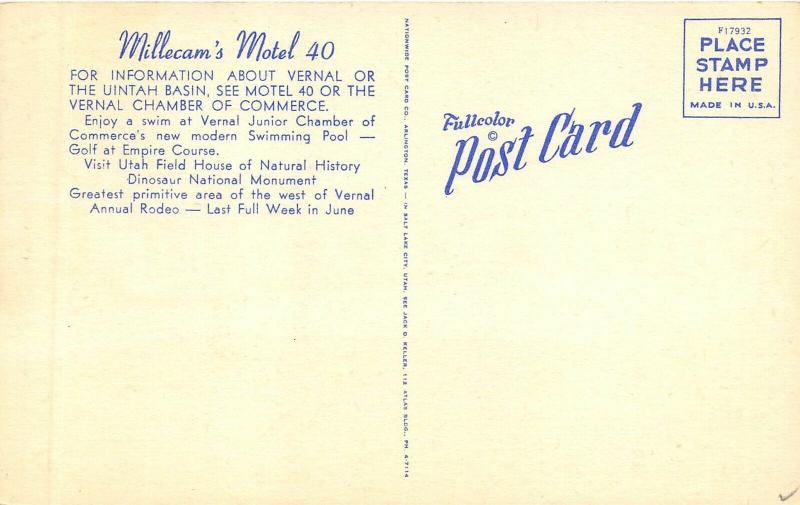 Vernal Utah 1950s Postcard Millecam's Motel 40