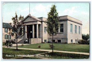 1909 Public Library Building Bicycle People Stairs Blue Island Illinois Postcard