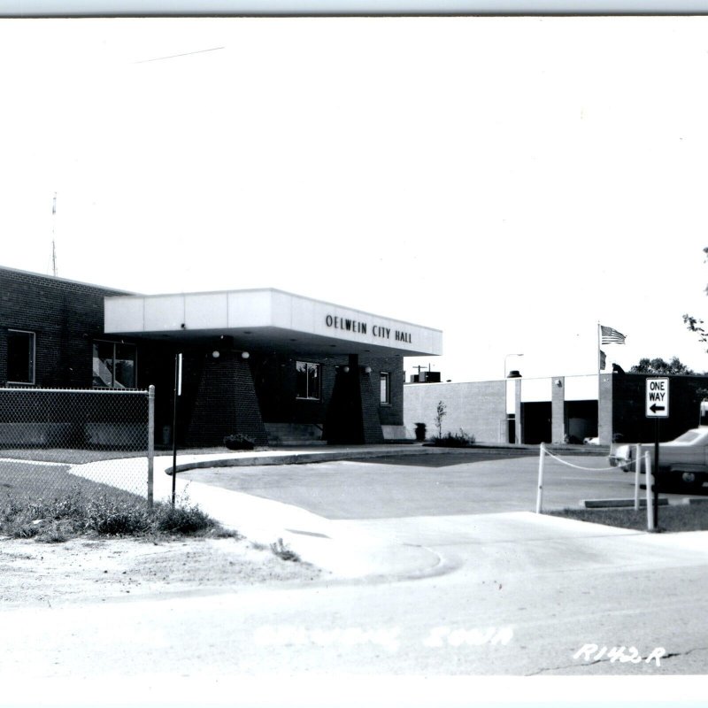 c1960s Oelwein, IA RPPC City Hall Early Real Photo Postcard Fire Department A102