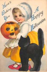 Happy Hallowe'en Ellen Clapsaddle Little Girl W/ Black Cat Holding Jack-O-Lanter