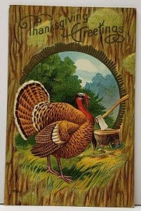 Thanksgiving Greetings Embossed Turkey Axe on Chopping Block Rustic Postcard F16