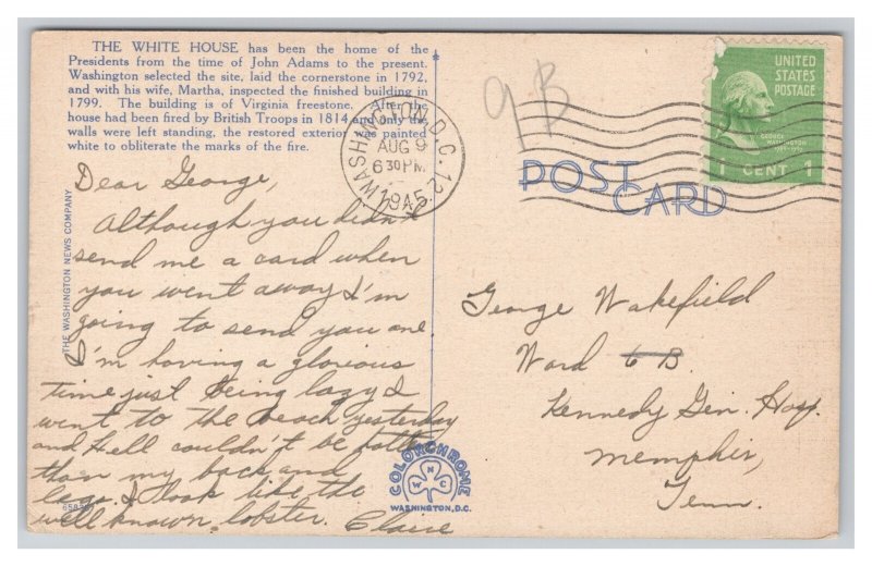 Washington D. C. White House Postcard c1945 Postmark
