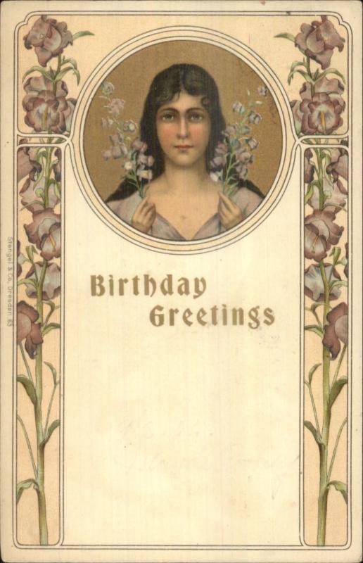 Art Nouveau Birthday Greeting - Beautiful Woman w/ Flowers c1905 Postcard