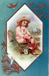 Victorian Trade Card Lion Coffee Girl Fishing Woolson Spice Co Toledo OH Ohio