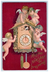 c1910's New Year Angels Bare Butt Clock Bird Embossed Posted Antique Postcard