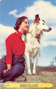 Greetings from Neosho, Missouri Girl & Dog Newton County 1954 Vintage Postcard