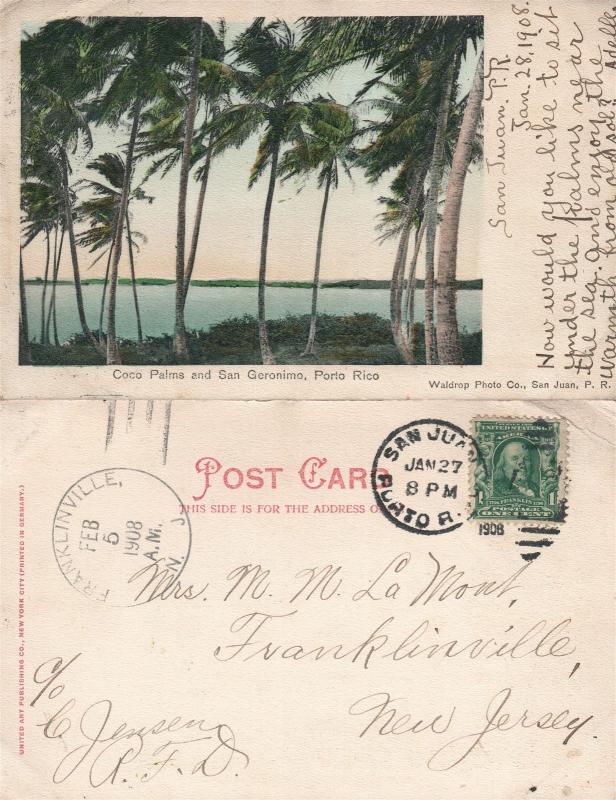 PUERTO RICO COCO PALMS SAN GERONIMO ANTIQUE UNDIVIDED 1908 POSTCARD CORK CANCEL