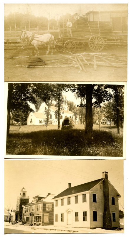 3 RPPC's - Town Scene, Church, Wagonload of Lumber