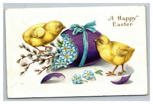 Vintage 1916 Easter Postcard Cute Yellow Chicks Giant Purple Egg Blue Flowers