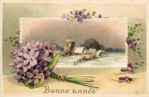 Happy New Year embossed purple violet flowers winter landscape fantasy 1900s