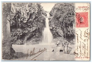 c1905 Men Sitting on Rocks Virgin Waterfall Tenerife Spain Antique Postcard