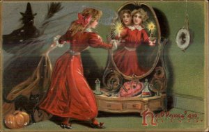 Halloween Pretty Young Woman in Mirror Witch Silhouette TUCK c1910 Postcard