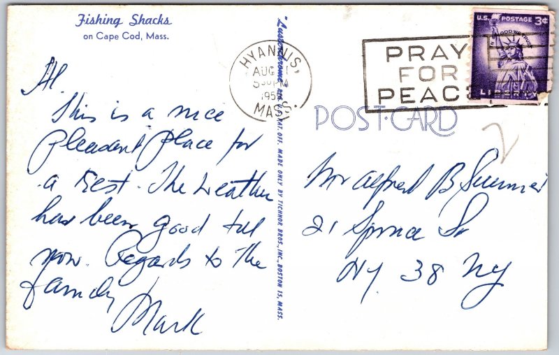 Cape Cod Massachusetts MA, 1956 Fishing Shacks, Small Rustic Structure, Postcard