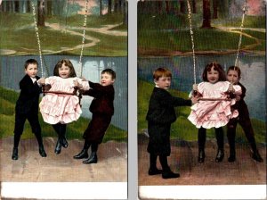 2~ca1900's UDB Vintage Postcards TWO LITTLE BOYS Pushing LITTLE GIRL In SWING