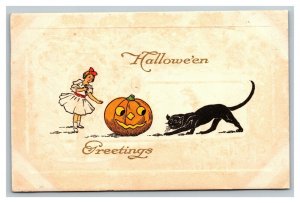 Vintage 1911 Halloween Postcard Black Cat & Girl Jack O' Lantern NICE STAMP