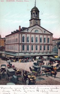 VINTAGE POSTCARD LINES OF ANTIQUE CARS & HORSE CARTS AT FANEUIL HALL BOSTON 1906