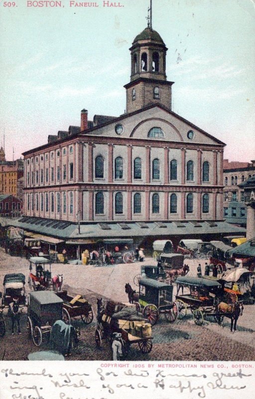 VINTAGE POSTCARD LINES OF ANTIQUE CARS & HORSE CARTS AT FANEUIL HALL BOSTON 1906 