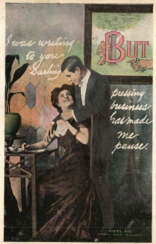 Vintage Postcard 1910's I Was Writing to You Darling But Pressing Business Pause