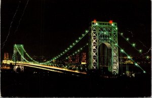 George Washington Bridge Hudson River NY Night View Postcard PM Old Bridge NJ  