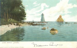 Lake Vettern Sweden, Lighthouse, Sailboat, Boulders UDB Postcard Unused