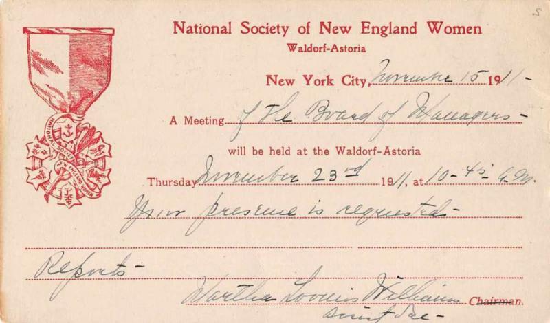 New York Waldorf Astoria National Society of New England Women Postcard J65624