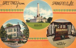 Vintage Postcard 1941 Greetings From Springfield Illinois Historical Landmarks