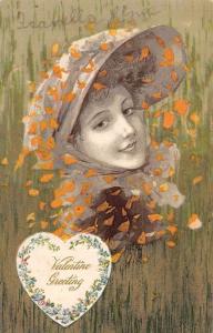 Valentine Greeting pretty young lady wearing bonnet antique pc Y15276