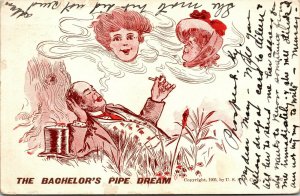 Vtg The Bachelor's Pipe Dream Man Smoking Tobacco Two Woman 1905 UDB Postcard