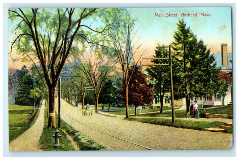 1912 Main Street Girls With Bicycle Carriage Amherst Massachusetts MA Postcard 