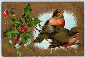 1910 Christmas Song Birds Holly Berries Mistletoe Embossed Mankato MN Postcard