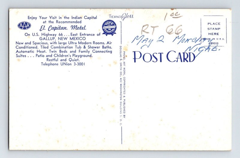 Postcard New Mexico Gallup N El Capitan Motel Route 66 1950s Unposted