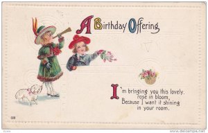 A Birthday Offering, Girl blowing horn, holding small white dog on leash, Boy...