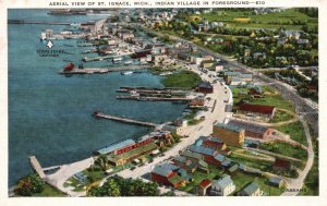 Vintage Postcard 1950 Aerial View St. Ignace Michigan Indian Village Foreground